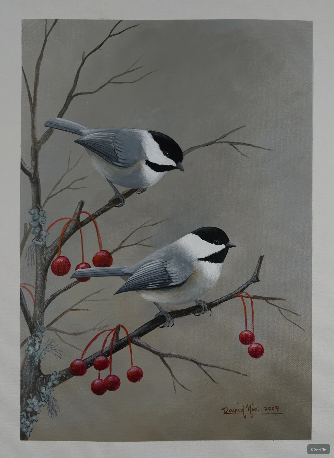 Two chickadees on winter branch with red berries.