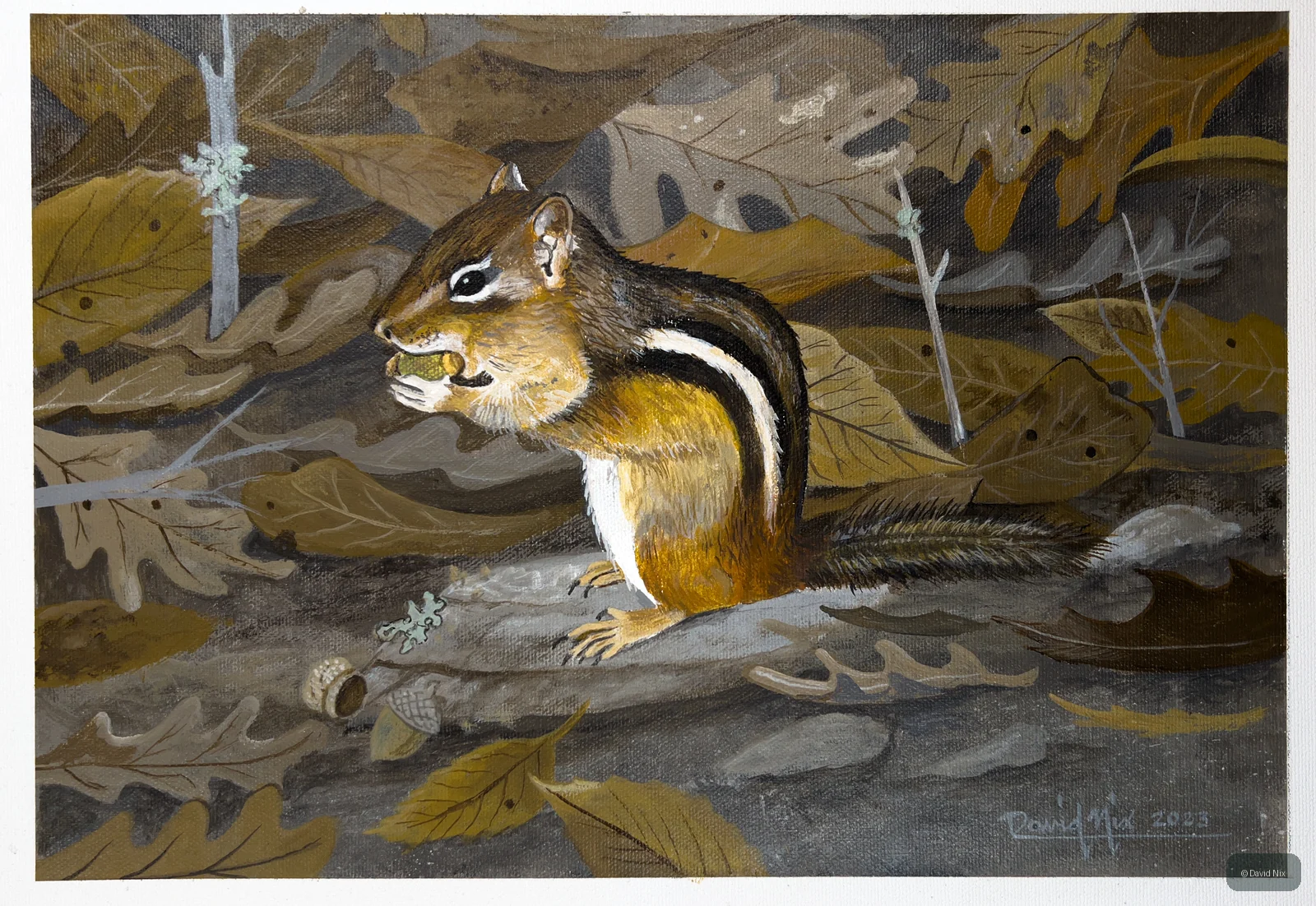 Chipmunk Snacking in Leaves; original wildlife artwork in the wildlife series.
