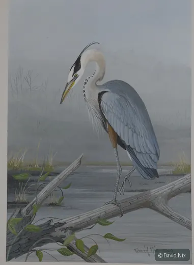 Great Blue Heron on Snag; original wildlife artwork in the waterfowl series.