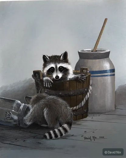 Raccoon Pair Exploring; original wildlife artwork in the wildlife series.